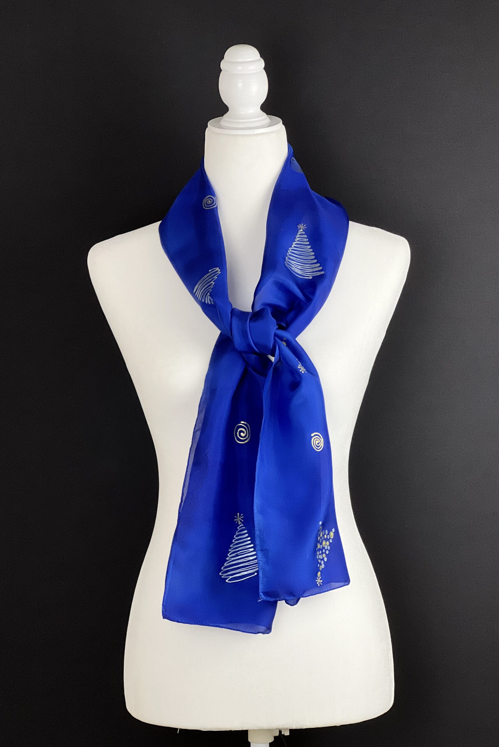 Holiday silk scarf, hand-painted chritmas motifs on royal blue. Luxe